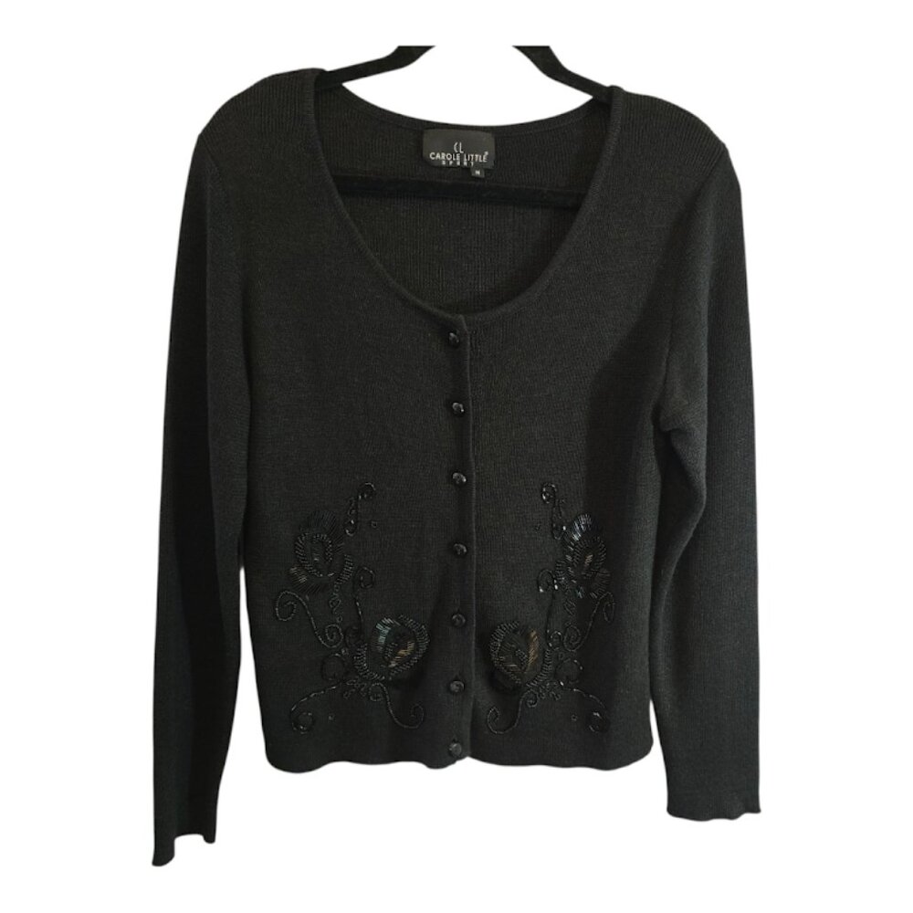 CAROLE LITTLE SPORT CARDIGAN BLACK FLORAL BEADED EMBELLISHMENTS SIZE MEDIUM